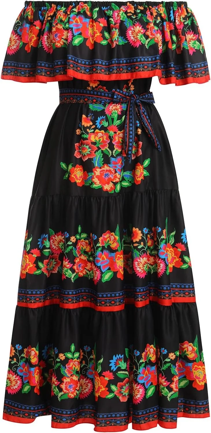 IMEKIS Mexican Dress for Women A-Line Off Shoulder Floral Print Long Maxi Summer Dresses for Boho Beach Holiday Fancy Day of the Dead Halloween Carnival