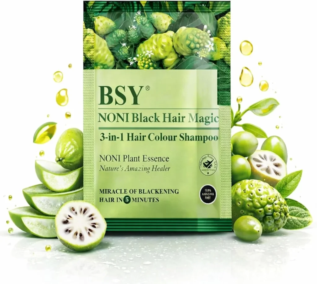 BSY Noni Black Hair Magic Hair Color Shampoo (12Ml X 5 Sachets) | Ammonia-Free, Permanent Black Hair Dye Shampoo For Women & Men | 5-Minute Hair Colour