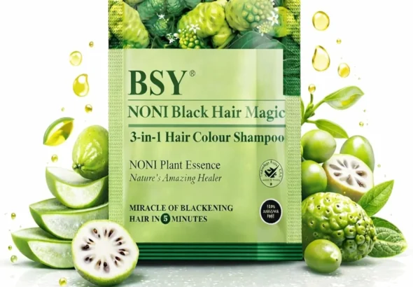BSY Noni Black Hair Magic Hair Color Shampoo (12Ml X 5 Sachets) | Ammonia-Free, Permanent Black Hair Dye Shampoo For Women & Men | 5-Minute Hair Colour