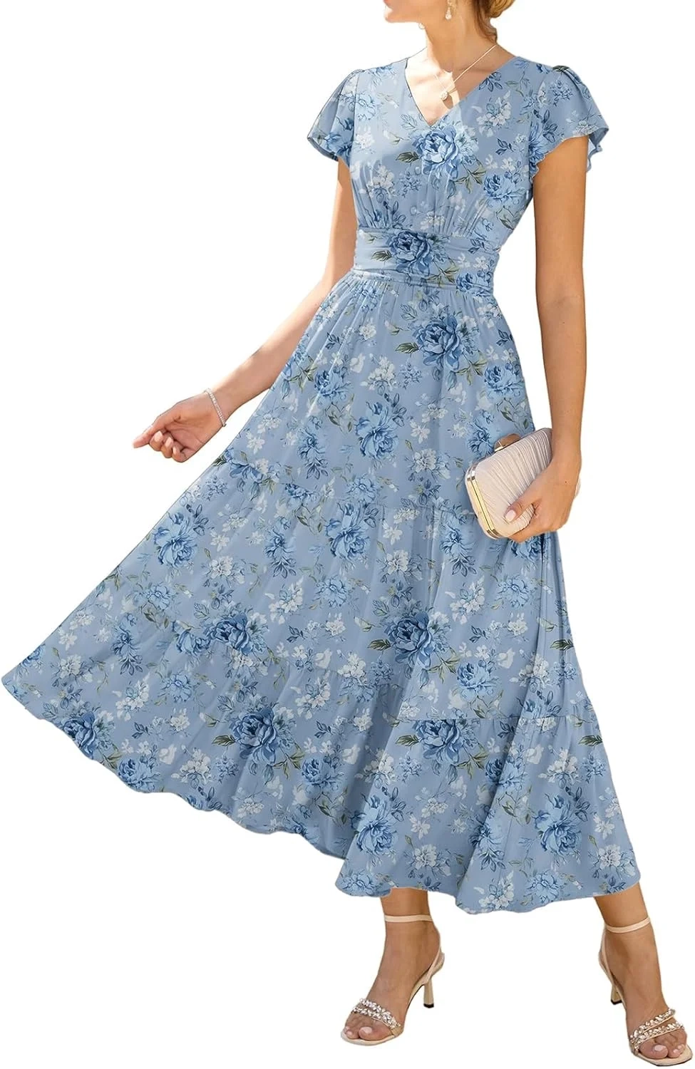 GRACE KARIN Women's Summer V-Neck Floral Dress with Pockets Ruffle Sleeves A-Line Fitted Waist Dresses