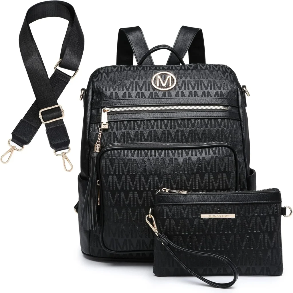 MKP COLLECTION Women Fashion Backpack Purse Convertible Large Ladies Rucksack Travel Shoulder Bags Handbag Set 2pcs w/Tassel, Black-1, Rucksack Backpacks