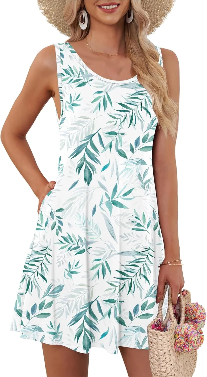 AUSELILY Beach Dresses for Women UK Mini Sleeveless Summer Dress with Pocket