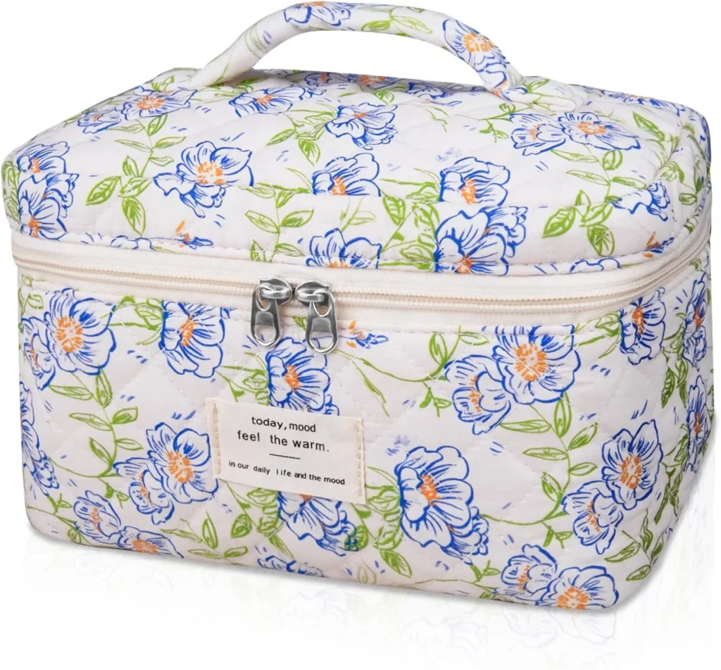 Large Cosmetic Bag, Cute Makeup Bag for Women and Girls, Cosmetic Bag Flower and Coquetry Style Travel Cosmetic Organizer Bag