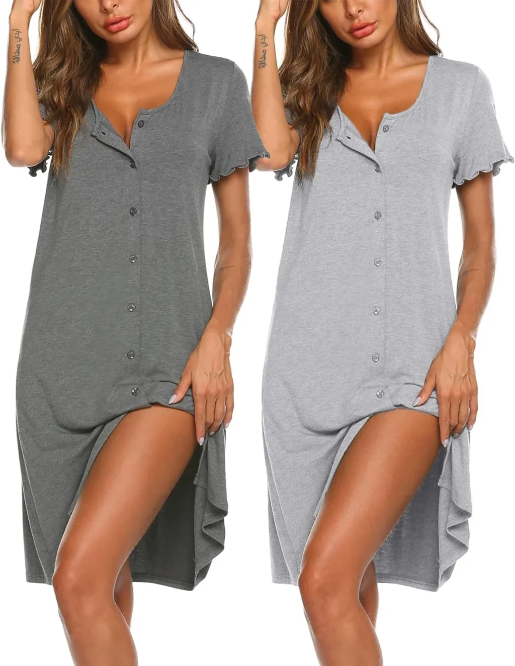 Ekouaer 2 Pack Nighties for Women Nightdresses Button Front Nightshirts Summer Nightwear Short Sleeve