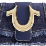 True Religion Women's Shoulder Bag Purse, Frayed Denim Mini Flap Crossbody Handbag with Horseshoe Logo