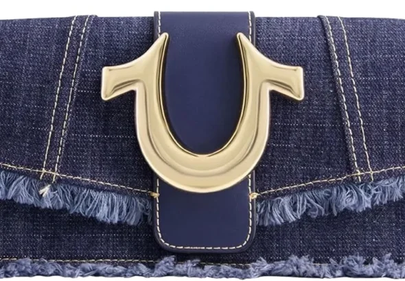 True Religion Women's Shoulder Bag Purse, Frayed Denim Mini Flap Crossbody Handbag with Horseshoe Logo
