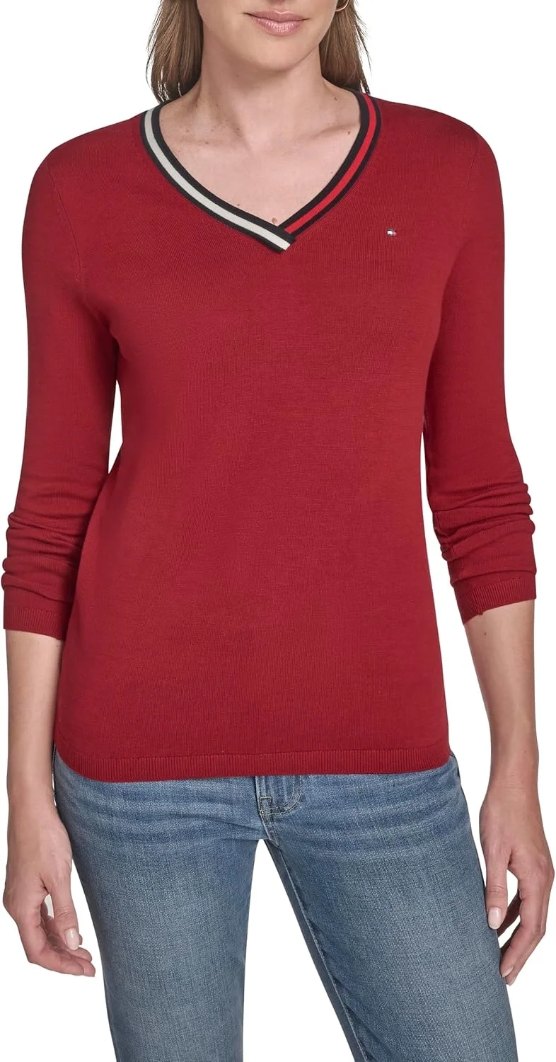 Tommy Hilfiger Women's Solid Long Sleeve V-Neck Cotton Sweater Pullover Sweater