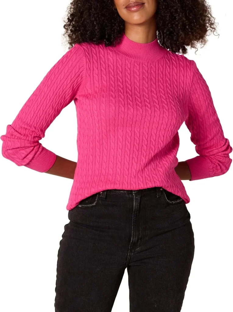 Amazon Essentials Women's Lightweight Long Sleeve Classic Cable Knit Funnel Neck Jumper