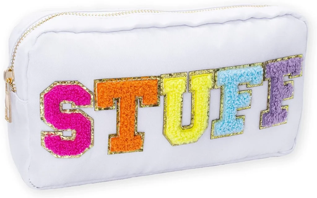 Fablinks Preppy Stuff Bag, Chenille Varsity Letter Makeup Pouch, Nylon Skin Care Zipper Patch Bags Organizer for Women, Travel Make Up Skincare Cosmetic Stocking Stuffers, White, 9", Stuff-white Multi
