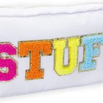 Fablinks Preppy Stuff Bag, Chenille Varsity Letter Makeup Pouch, Nylon Skin Care Zipper Patch Bags Organizer for Women, Travel Make Up Skincare Cosmetic Stocking Stuffers, White, 9", Stuff-white Multi