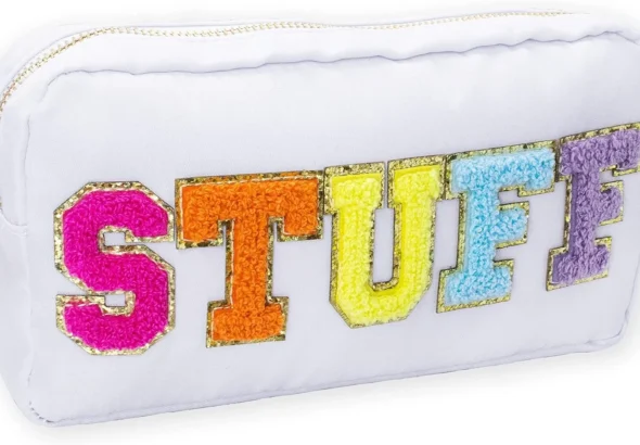 Fablinks Preppy Stuff Bag, Chenille Varsity Letter Makeup Pouch, Nylon Skin Care Zipper Patch Bags Organizer for Women, Travel Make Up Skincare Cosmetic Stocking Stuffers, White, 9", Stuff-white Multi