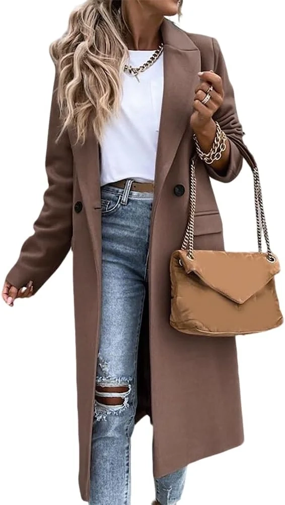 IDEALSANXUN Womens Long Wool Coats Fall Winter Notch Lapel Dressy Peacoat Jackets