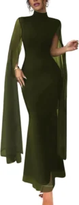 SEBOWEL Women's Cape Sleeve Mesh Maxi Dress Elegant High Neck Formal Evening Gown Party Dress with Cape