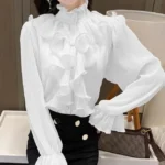 Vintage Ruffles Elegant Lace Blouse Women Stand Collar Button White Chiffon Shirt Woman Long Puff Sleeve Loose Shirts Tops