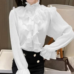 Vintage Ruffles Elegant Lace Blouse Women Stand Collar Button White Chiffon Shirt Woman Long Puff Sleeve Loose Shirts Tops