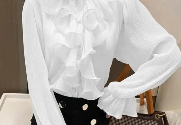Vintage Ruffles Elegant Lace Blouse Women Stand Collar Button White Chiffon Shirt Woman Long Puff Sleeve Loose Shirts Tops