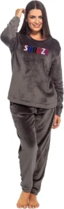 A2Z Ladies Flannel Fleece Pyjama Set Super Soft Charcoal Womens Loungewear with Multi Colour Snooze Applique Warm Winter Nightwear Set Cozy Long Sleeve Top And Elastic Waist Bottoms Soft Fleece PJs