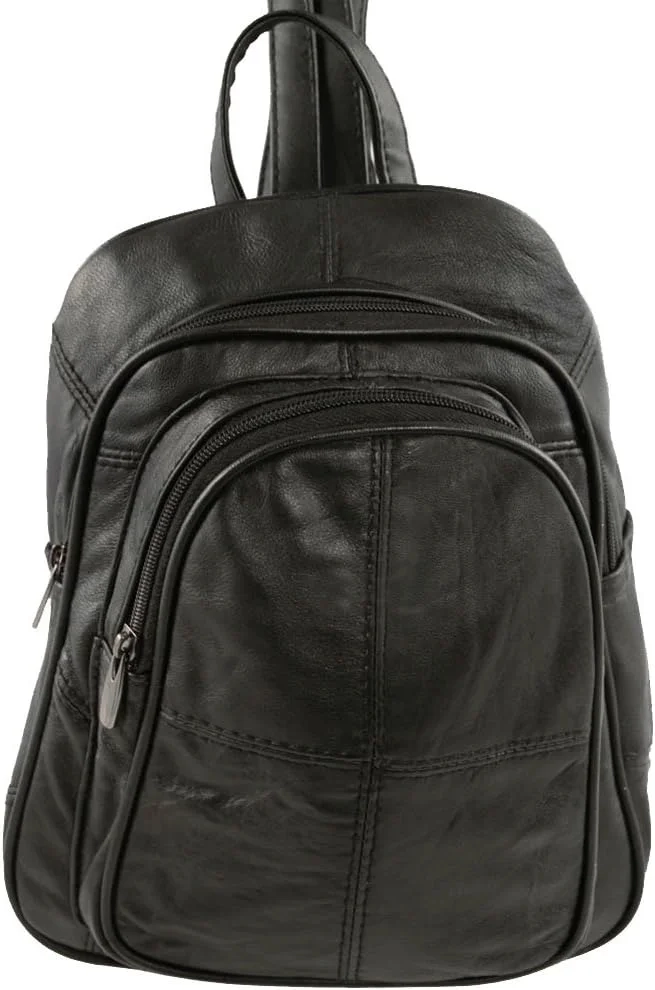 Ladies Soft Real Leather Backpack Rucksack Bag- Triple Zipped (Black)