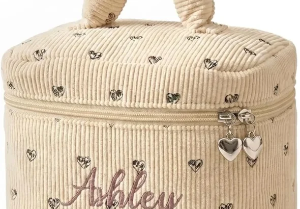 Personalized Embroidered Makeup Bag for Women Custom Corduroy Cosmetic Case,Heart Toiletry Case,Bridesmaid Proposal,Wedding Birthday