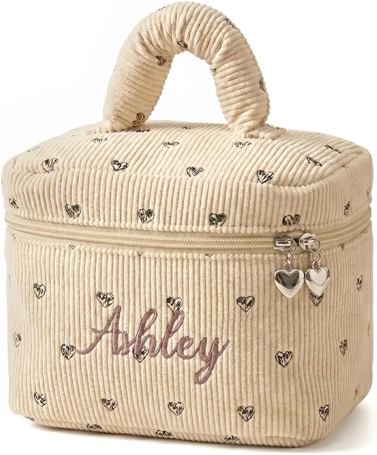 Personalized Embroidered Makeup Bag for Women Custom Corduroy Cosmetic Case,Heart Toiletry Case,Bridesmaid Proposal,Wedding Birthday
