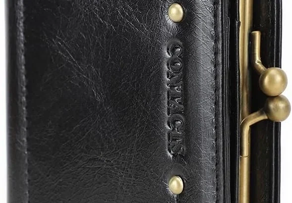 CONTACTS Womens RFID Blocking Wallet Kiss Lock Slim Coin Purse,Genuine Leather Ladies Compact Bifold Case Vintage 8 Credit Card Holder Small Clutch Black