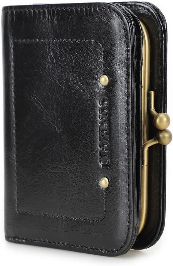 CONTACTS Womens RFID Blocking Wallet Kiss Lock Slim Coin Purse,Genuine Leather Ladies Compact Bifold Case Vintage 8 Credit Card Holder Small Clutch Black