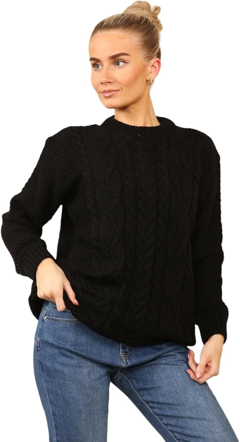 Stylo Online Ladies Cable Knit Jumper  Women Chunky Knitted Crew Neck Oversized Vintage Pullover Sweater Long Sleeve | Warm Winter Casual Top -UK Made- Small to Large
