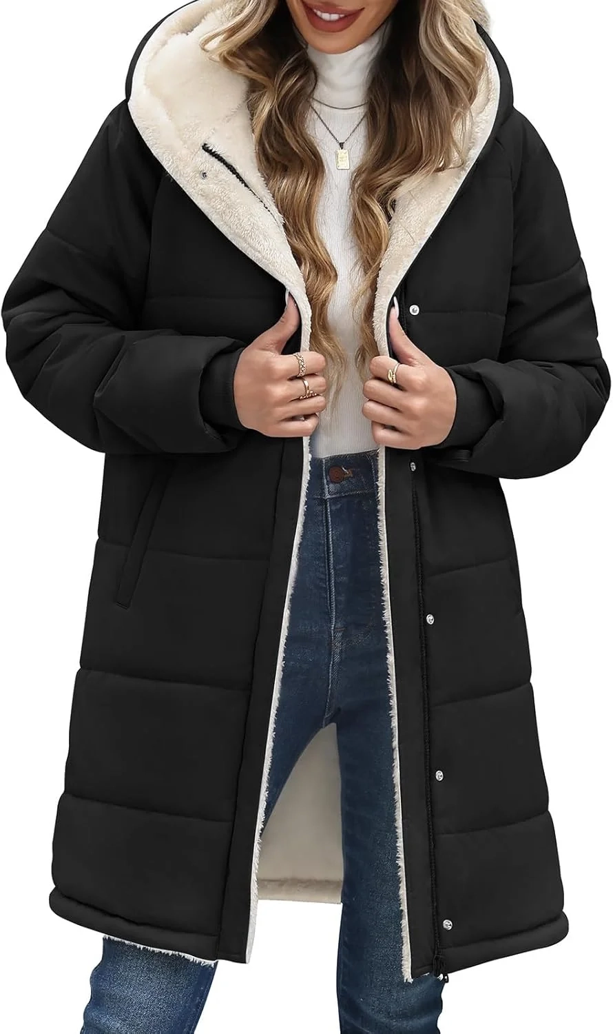 Vancavoo Women's Coats Winter Jacket Ladies Quilted Parka Warm Fleece Lined Thick Overcoat Full Zip Hooded Puffer Outerwear with Pockets