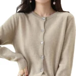 Bollrllr Women's Cashmere Cardigan Round Neck Sweater Spring Autumn Winter Long Sleeve Knitted Solid Color Soft Cardigan Sweater khaki9 L
