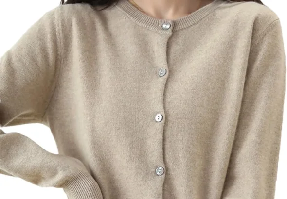 Bollrllr Women's Cashmere Cardigan Round Neck Sweater Spring Autumn Winter Long Sleeve Knitted Solid Color Soft Cardigan Sweater khaki9 L