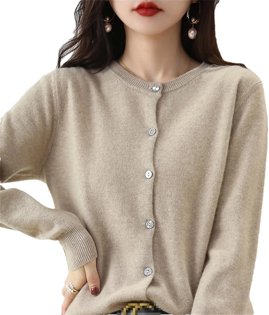 Bollrllr Women's Cashmere Cardigan Round Neck Sweater Spring Autumn Winter Long Sleeve Knitted Solid Color Soft Cardigan Sweater khaki9 L