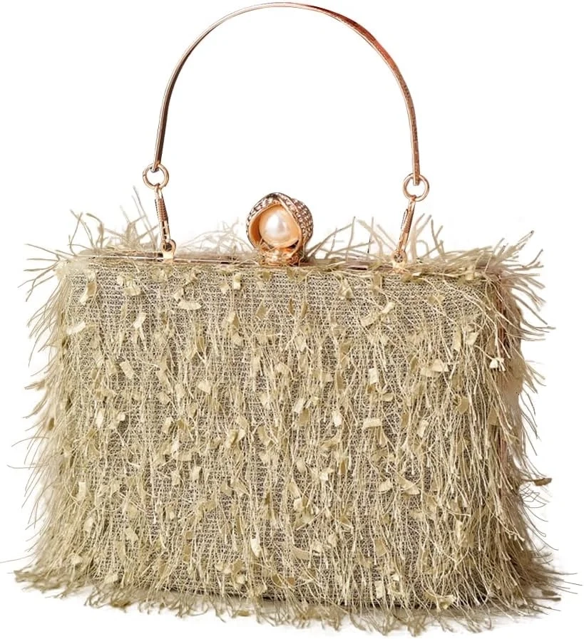 CORIOS Tassel Evening Bag for Women Rhinestone Clutch Bag Beaded Handbag Bridal Wedding Purse Shoulder Bag with Detachable Chain Elegant Crossbody Bag for Cocktail Banquet Prom Party Matcha