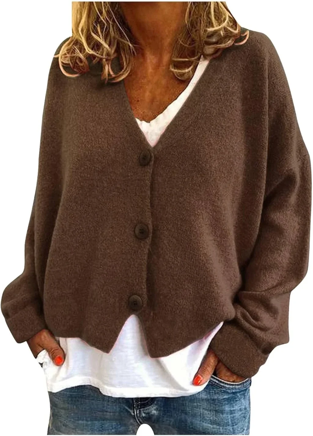 AMhomely Women's Red V-Neck Cardigan, Long Sleeve, Cropped, Lightweight, Casual, Knitted, Button Down, Solid, Ribbed Cuffs, Sweater, Outwear