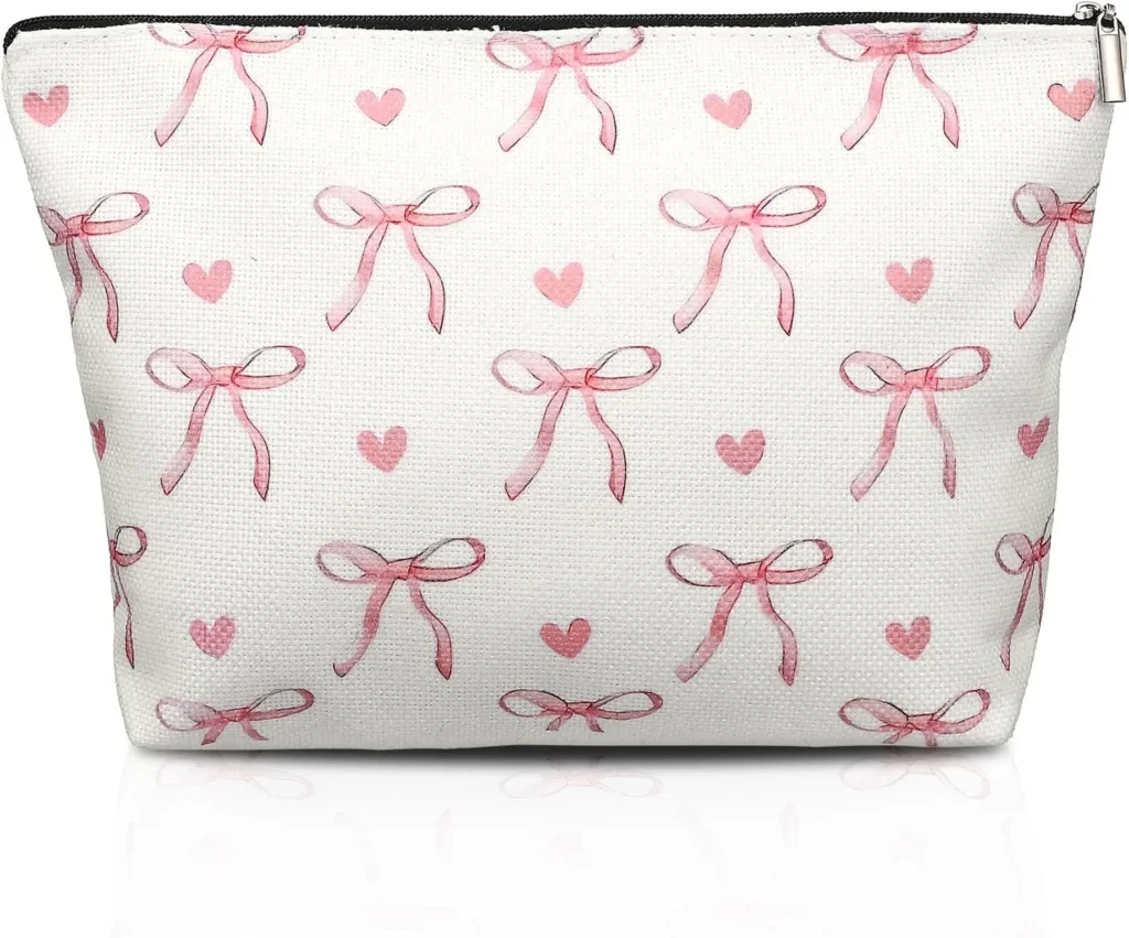 Molain Pink Cute Makeup Bag, Cute Preppy Cosmetic Bag with Zipper, Lovely Heart Bow Make up Pouch Travel Toiletry Bags for Women Teens Girls
