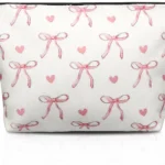 Molain Pink Cute Makeup Bag, Cute Preppy Cosmetic Bag with Zipper, Lovely Heart Bow Make up Pouch Travel Toiletry Bags for Women Teens Girls