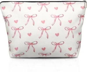 Molain Pink Cute Makeup Bag, Cute Preppy Cosmetic Bag with Zipper, Lovely Heart Bow Make up Pouch Travel Toiletry Bags for Women Teens Girls