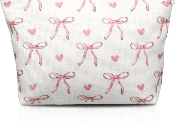 Molain Pink Cute Makeup Bag, Cute Preppy Cosmetic Bag with Zipper, Lovely Heart Bow Make up Pouch Travel Toiletry Bags for Women Teens Girls
