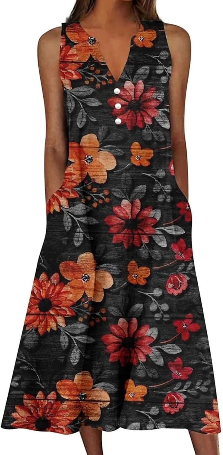 Women's Summer Maxi Dresses - Sleeveless V-Neck Causal Ladies Dresses - Cotton Linen Lightweight Breathable Loose Fit Sundress - Fashion Holidady Party Elegant Trendy Beach Clothes