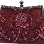 CORIOS Vintage 1920s Beaded Evening Bag Pearl Clutch Bag for Women Sequin Handbag Bridal Wedding Purse Exquisite Handmade Embroidery Floral Shoulder Bag Glitter Crossbody Bag for Prom Party Wine Red