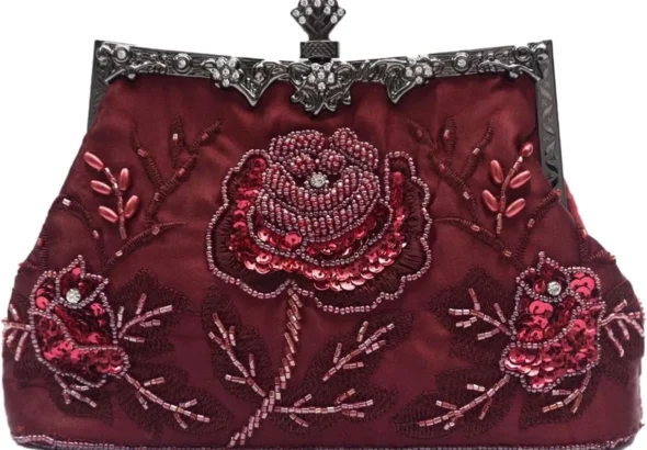 CORIOS Vintage 1920s Beaded Evening Bag Pearl Clutch Bag for Women Sequin Handbag Bridal Wedding Purse Exquisite Handmade Embroidery Floral Shoulder Bag Glitter Crossbody Bag for Prom Party Wine Red