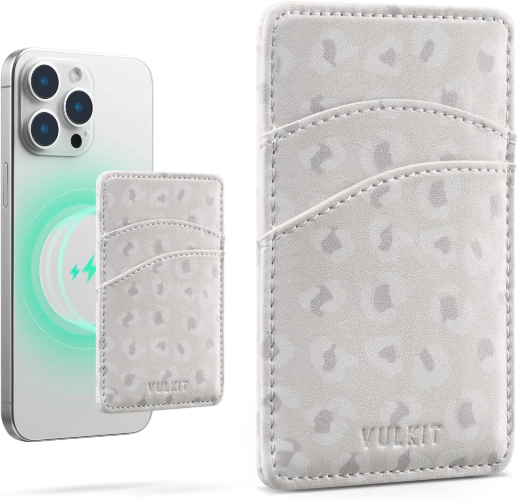 VULKIT Magnetic Phone Card Holder Slim Leather Women Phone Wallet RFID Blocking Credit Card Sleeves Magsafe Phone Card case for Back of Smartphone (Leopard)