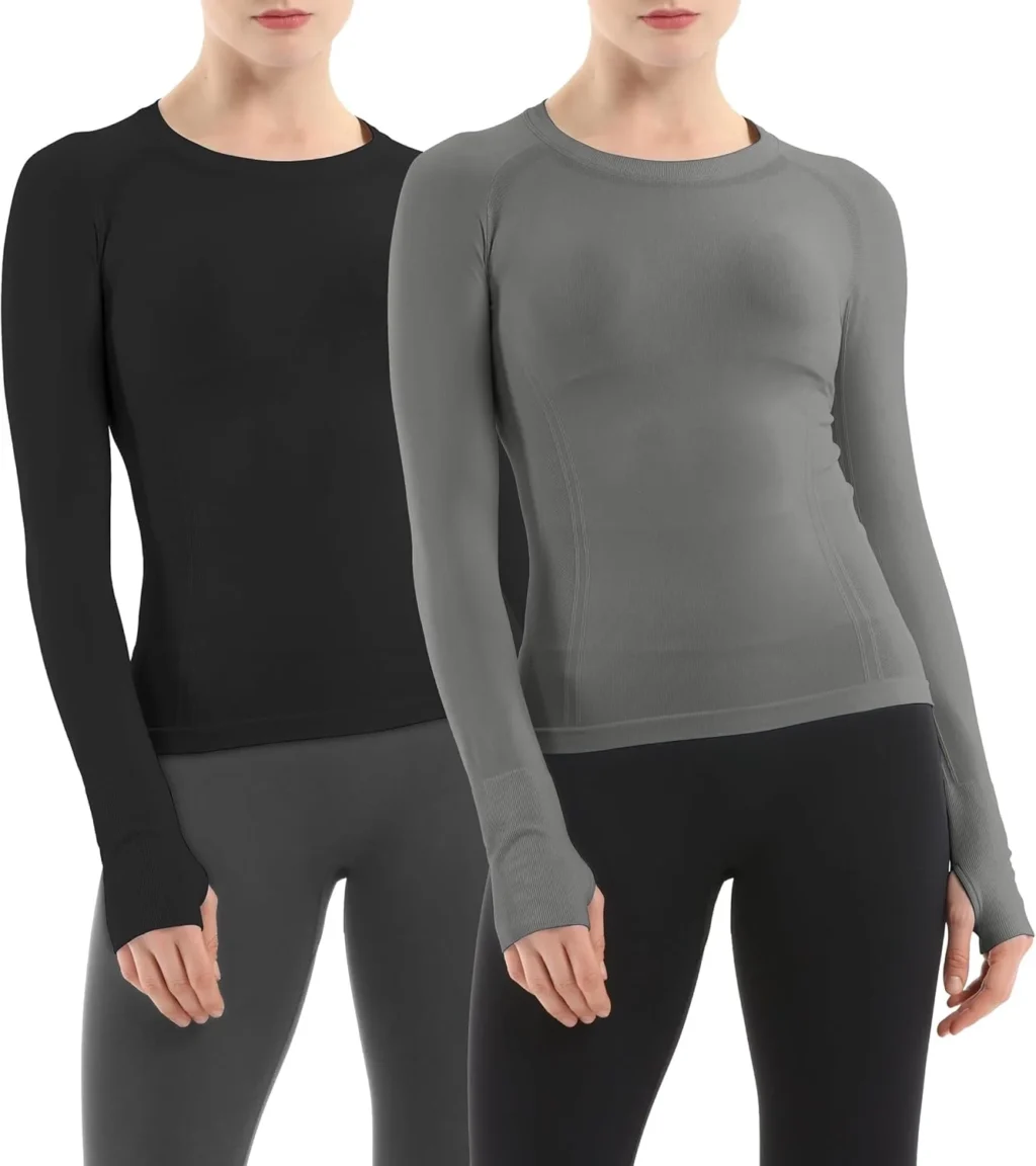 MathCat Seamless Workout Shirts for Women Long Sleeve Yoga Running Shirt Breathable Athletic Tops Slim Fit 2 Pack