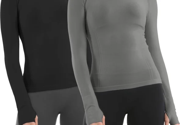 MathCat Seamless Workout Shirts for Women Long Sleeve Yoga Running Shirt Breathable Athletic Tops Slim Fit 2 Pack