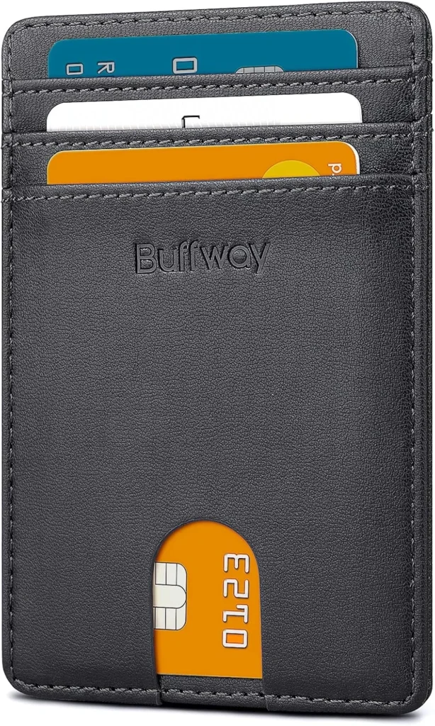 Buffway, Men's Slim Wallet, Minimalist Slim Front Pocket Leather RFID Blocking Credit Card Holder for Business and Travel