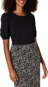 Amazon Essentials Women's Regular-Fit Puff Short-Sleeve Crewneck T-Shirt, Black, Medium