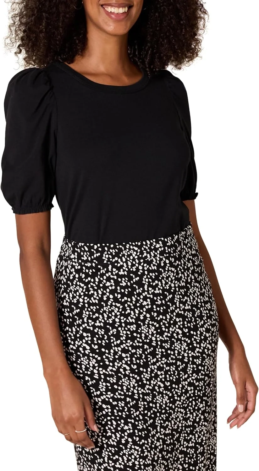 Amazon Essentials Women's Regular-Fit Puff Short-Sleeve Crewneck T-Shirt, Black, Medium
