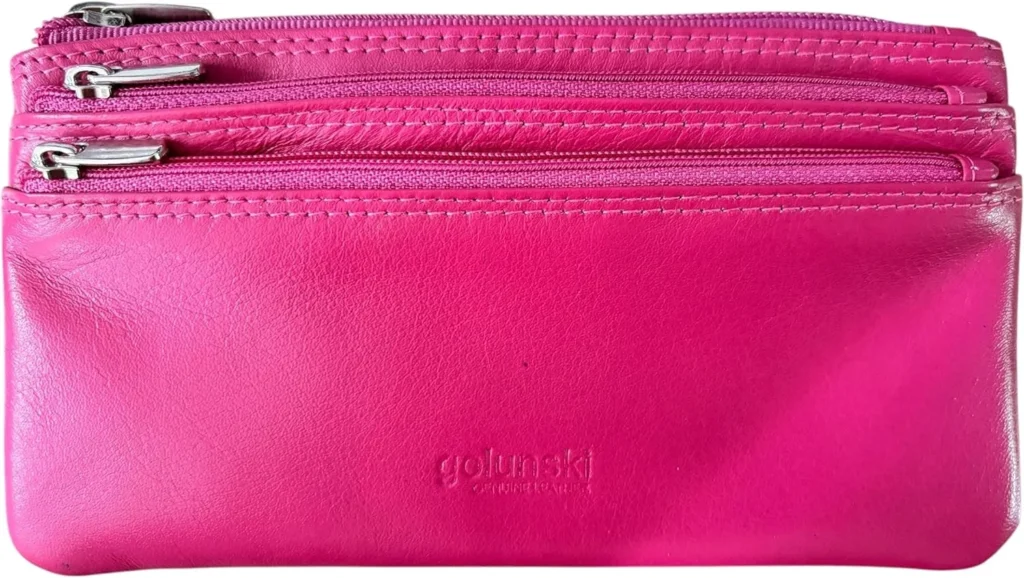 Golunski Genuine Nappa Leather 3-Zip Coin Purse for Women  Compact Ladies Wallet with Multiple Compartments (Pink)