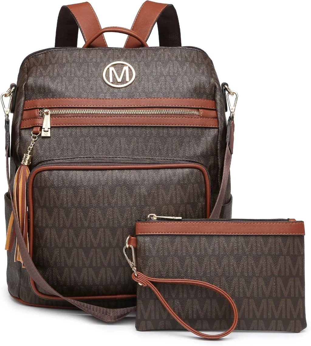 MKP COLLECTION Women Fashion Backpack Purse Convertible Large Ladies Rucksack Travel Shoulder Bags Handbag Set 2pcs w/Tassel, Coffee, 13.5" L x 6" W x 14.25" H, Rucksack Backpacks