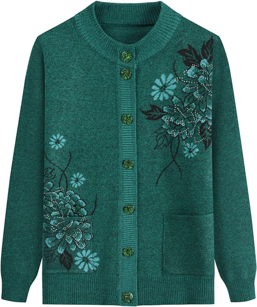 Middle-Aged and Elderly Knitted Cardigan Sweaters - Old Lady Casual Top Grandma Wear Cardigan Coat Jacket Clothing Women's Spring and Autumn Mother Wear Warm Sweater,Green,One Size