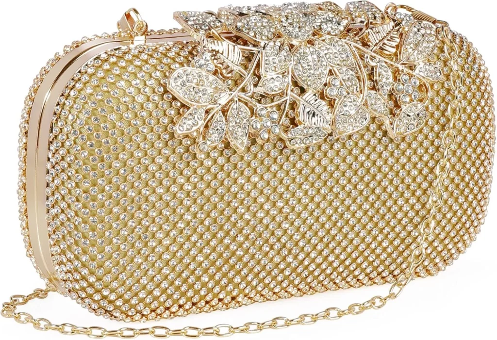 ELEOPTION Women Crystal Diamond Evening Bag with Detachable Chain Chic Leaves Clasp Clutch Diamante Clutch Bag Ladies Sparkly Rhinestone Purse Wallet Handy Bag Party Bridal Prom Wedding
